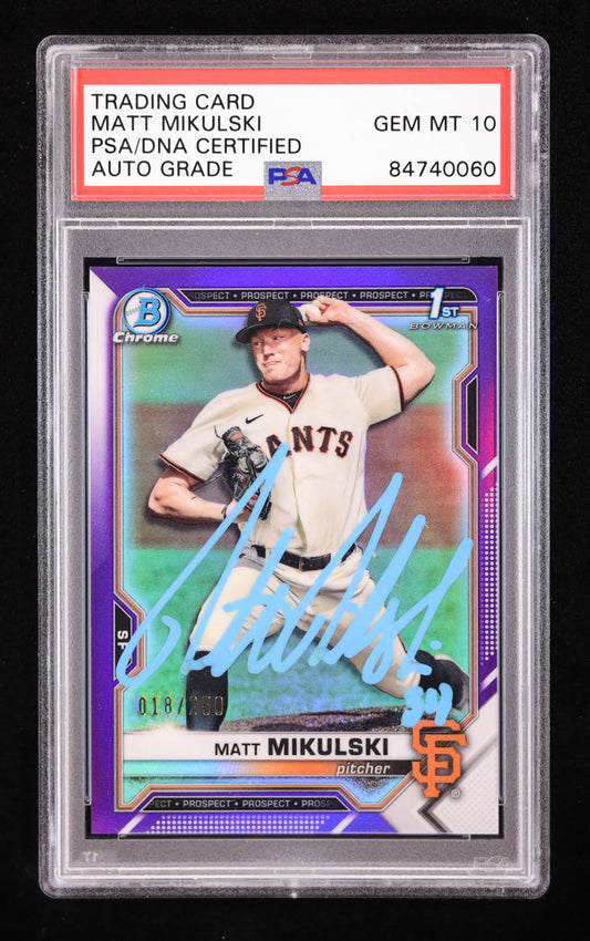 Matt Mikulski Signed 2021 Bowman Chrome Draft Purple Refractors #BDC179 #18/250 RC (PSA | Auto 10) Rookie Card | Autograph Graded 10 | Serially Numbered #18/250