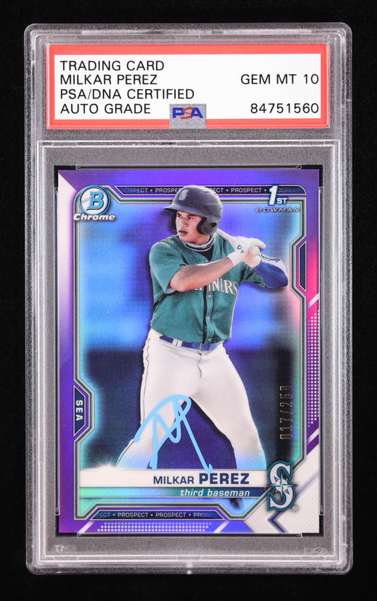 Milkar Perez Signed 2021 Bowman Chrome Prospects Purple Refractors #BCP215 #17/250 RC (PSA | Auto 10) Rookie Card | Autograph Graded 10 | Serially Numbered #17/250