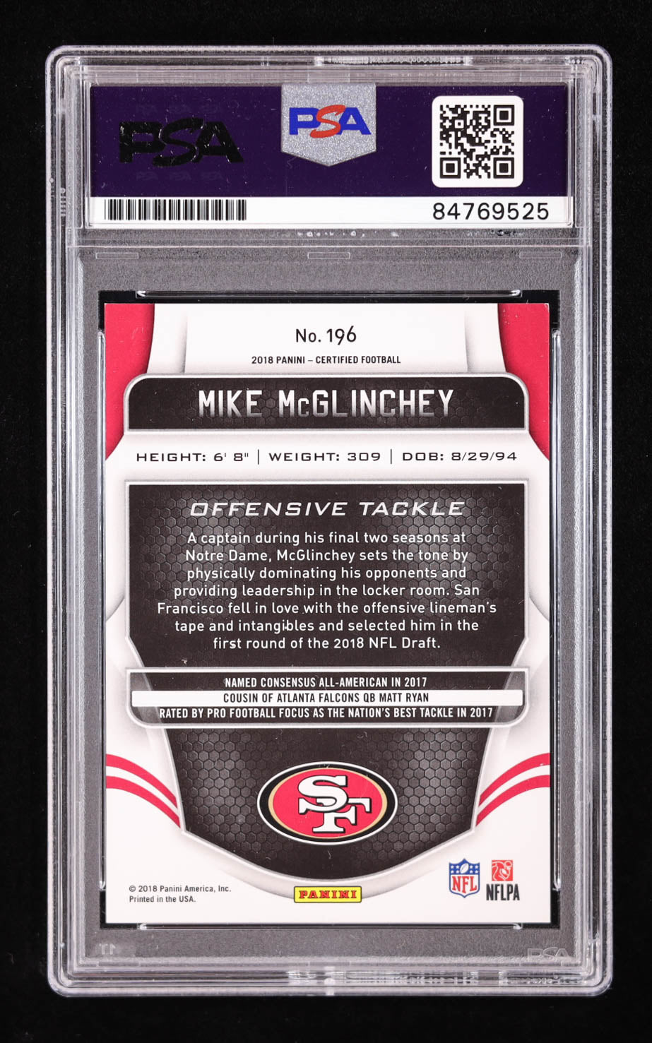 Mike McGlinchey Signed 2018 Certified Mirror Orange #196 #191/225 RC (PSA) Rookie Card | Serially Numbered #191/225