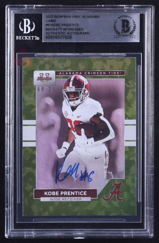 Kobe Prentice Signed 2023 Bowman University Alabama Camo #9 #48/75 RC (BGS) Rookie Card | Serially Numbered #48 / 75 | Beckett Witnessed