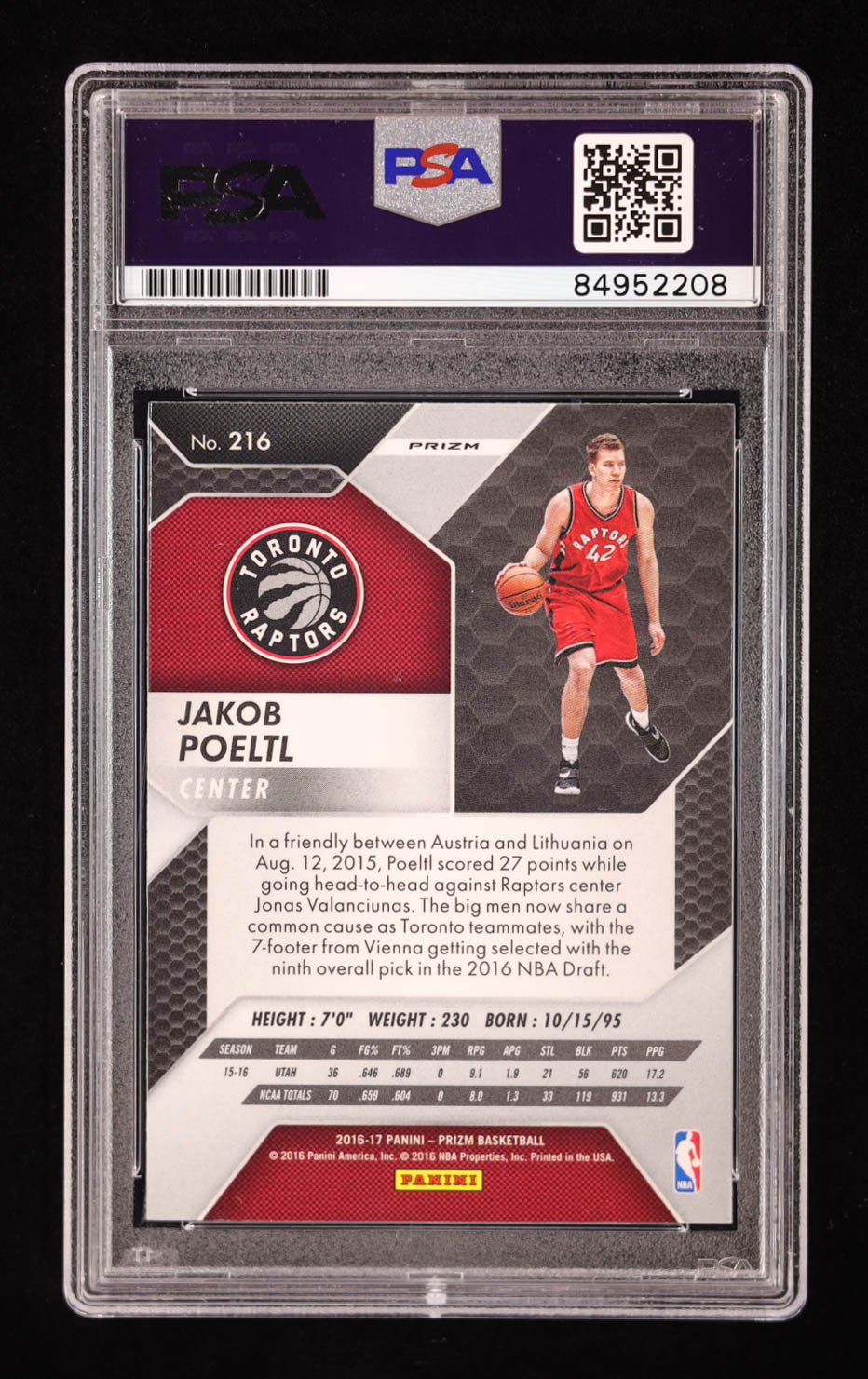 Jakob Poeltl Signed 2016-17 Panini Prizm Prizms Green #216 RC (PSA | Auto 10) Rookie Card