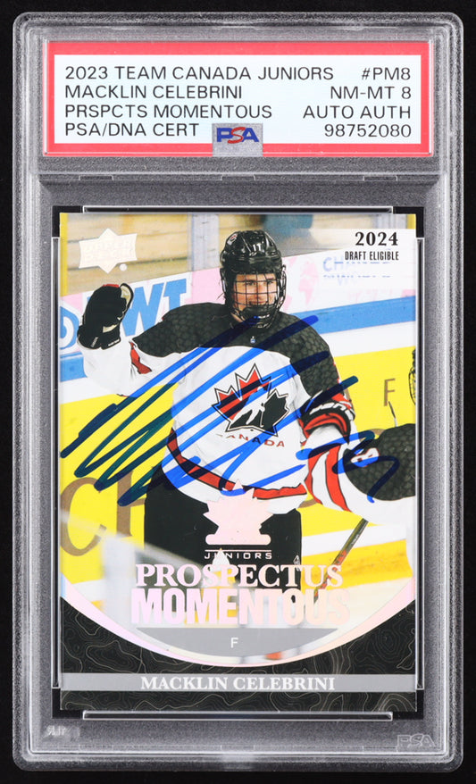 Macklin Celebrini Signed 2023-24 Upper Deck Team Canada Juniors Prospectus Momentous #PM8 RC (PSA 8) Rookie Card