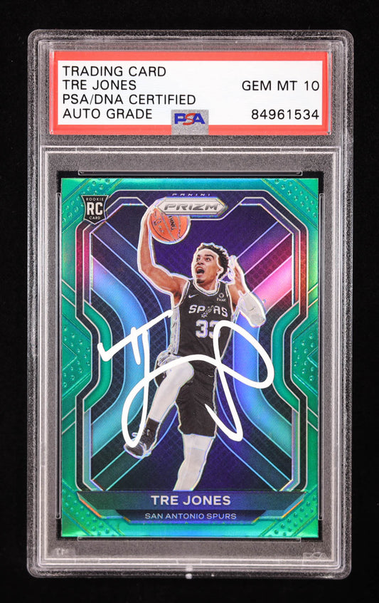 Tre Jones Signed 2020-21 Panini Prizm Green #291 RC (PSA | Auto Grade 10) Rookie Card