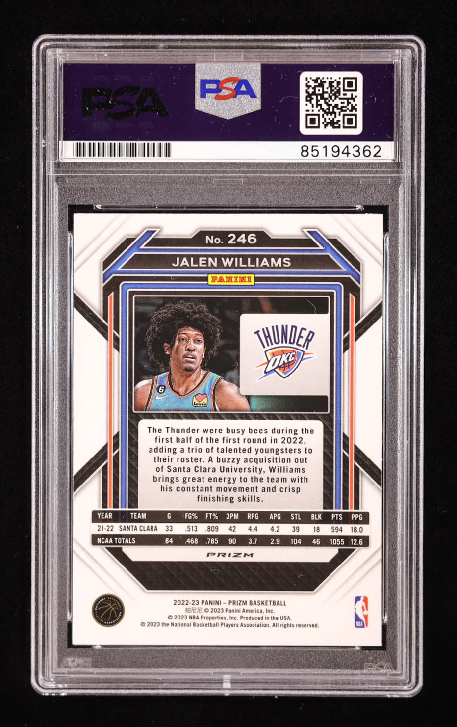 Jalen Williams Signed 2022 Panini Prizm Red Ice #246 RC (PSA) Rookie Card