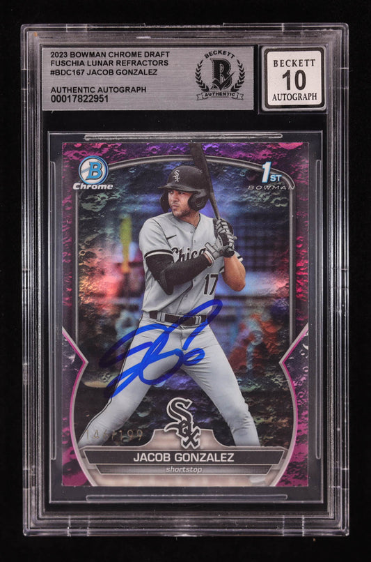 Jacob Gonzalez Signed 2023 Bowman Chrome Draft Fuschia Lunar Refractors #BDC167 #146/199 RC (BGS | Auto 10) Rookie Card | Serially Numbered #146 / 199