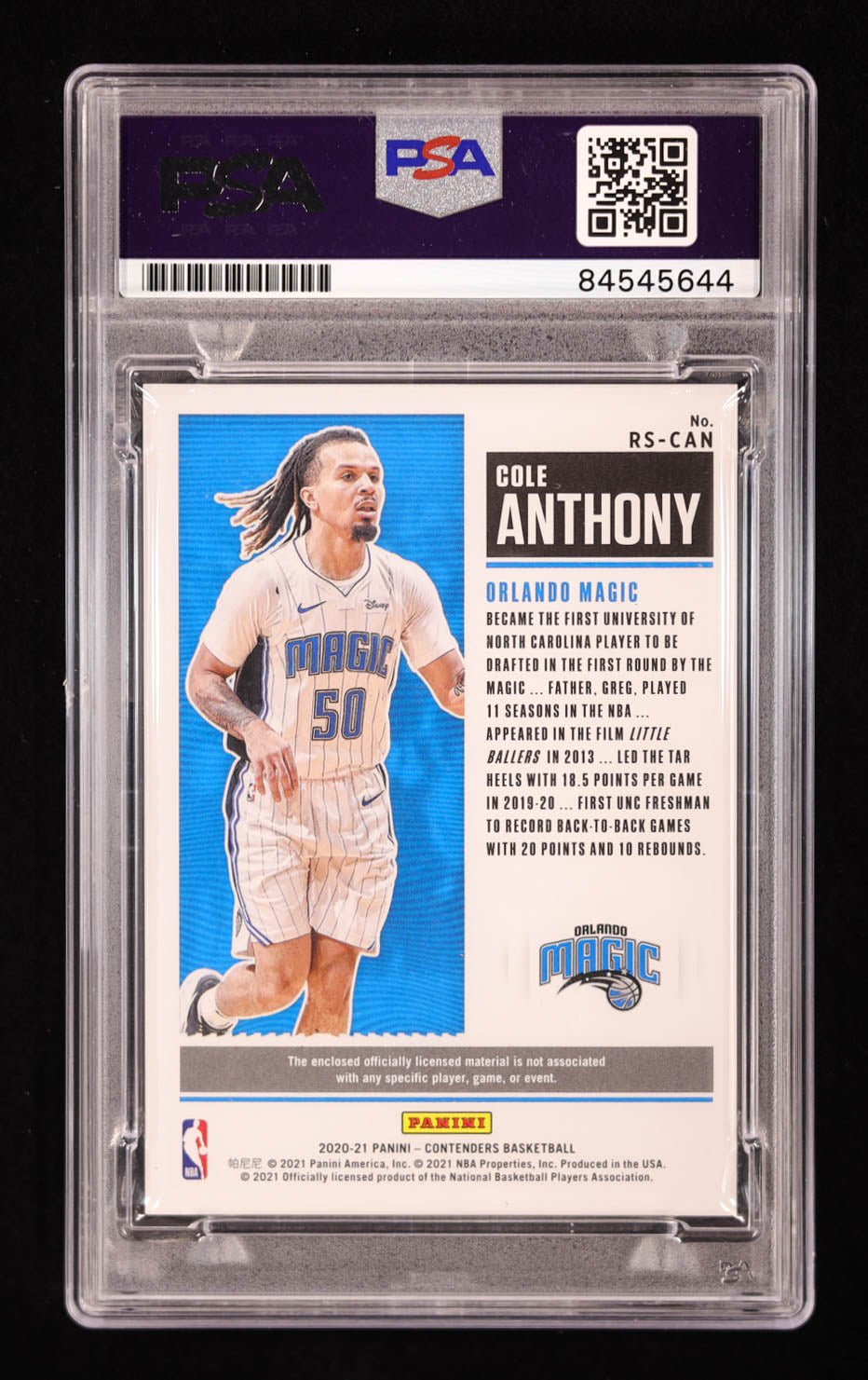 Cole Anthony Signed 2020-21 Panini Contenders Rookie Ticket #RSCAN RC (PSA | Auto 10) Rookie Card