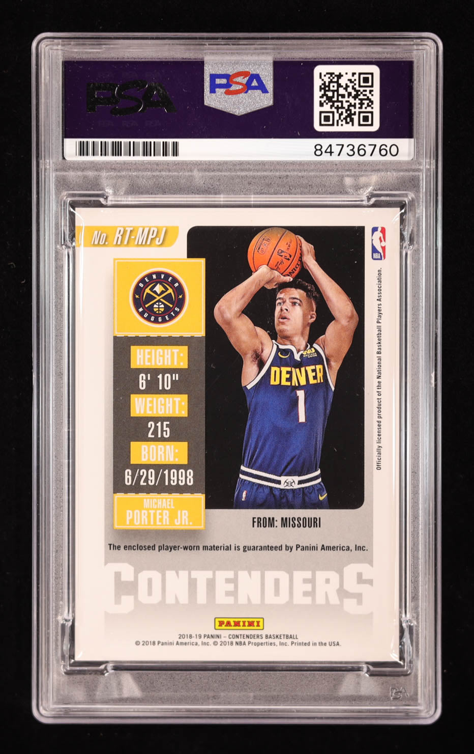 Michael Porter Jr. Signed 2019-20 Panini Contenders Rookie Ticket #RTMPJ RC (PSA | Auto 10) Rookie Card