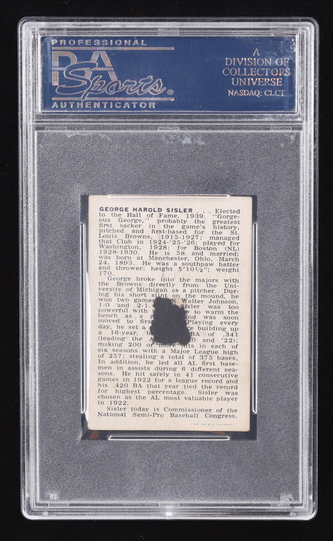 George Sisler Signed 1950 Callahan HOF #NNO (PSA)