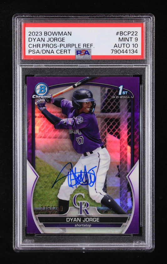 Dyan Jorge Signed 2023 Bowman Chrome Prospects Purple Refractors #BCP22 #176/250 RC (PSA 9 | Auto Grade PSA 10) Rookie Card | Serially Numbered #176 / 250 | Autograph Graded PSA 10