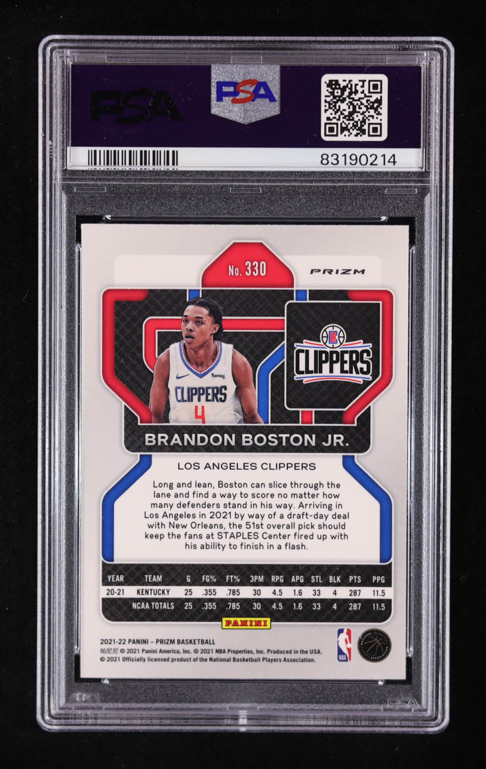Brandon Boston Jr. Signed 2021-22 Panini Prizm Prizms Silver #330 RC (PSA | Auto Grade PSA 10) Rookie Card | Autograph Graded PSA 10