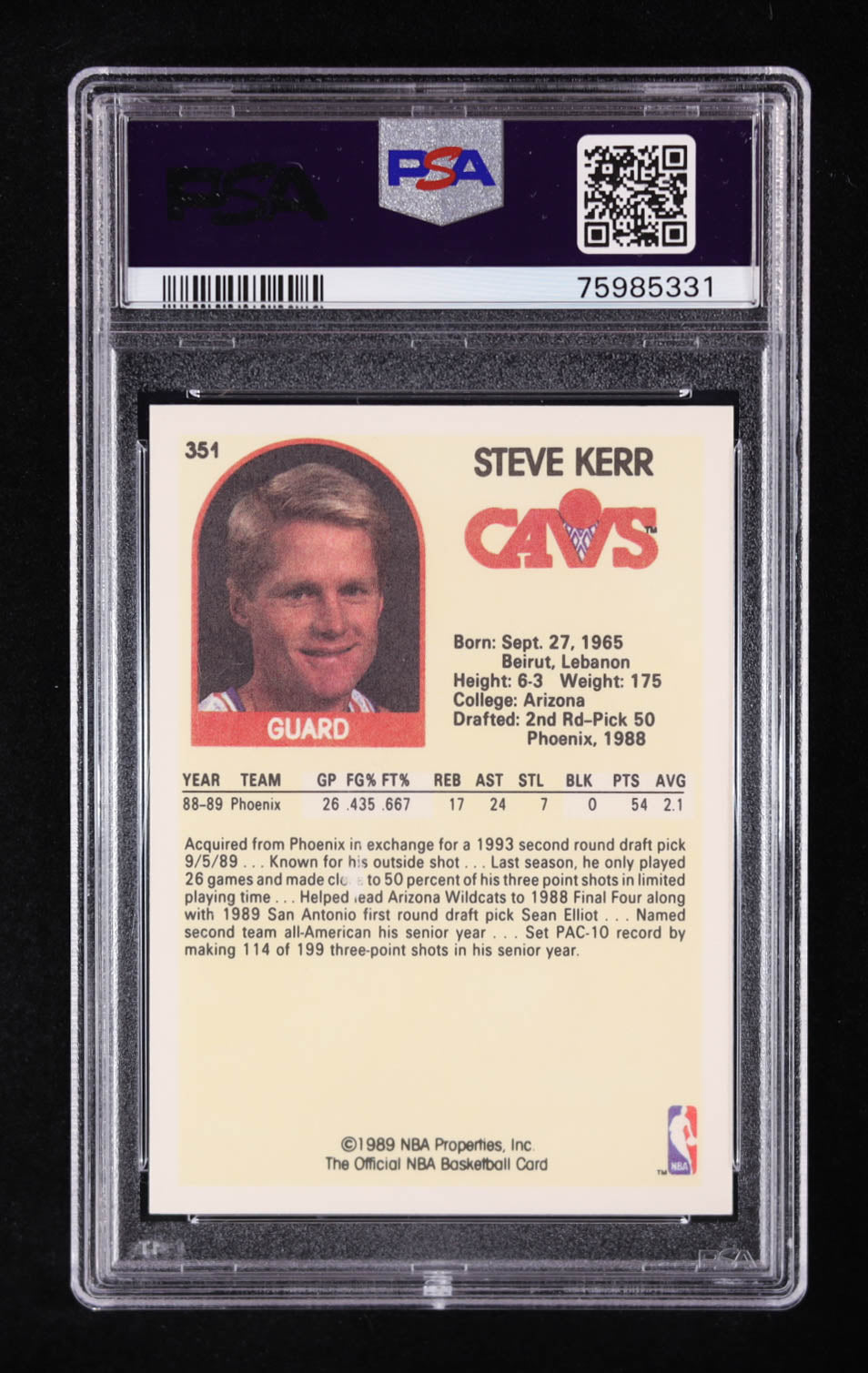 Steve Kerr Signed 1989-90 Hoops #351 RC (PSA 8 | Auto Grade PSA 10) Autograph Graded PSA 10 | Rookie Card