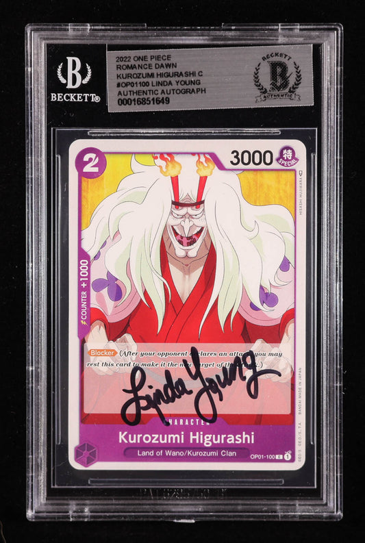 Linda Young Signed Kurozumi Higurashi 2022 One Piece Card Game Romance Dawn C #OP01100 (BGS | Auto Grade BGS Authentic) Autograph Graded BGS Authentic