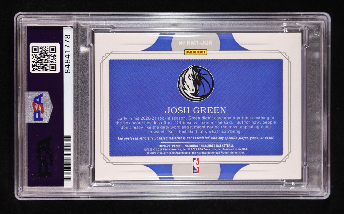 Josh Green Signed 2020-21 Panini National Treasures Colossal Rookie Materials #24 #16/99 RC (PSA 10) Rookie Card | Serially Numbered # 16 / 99