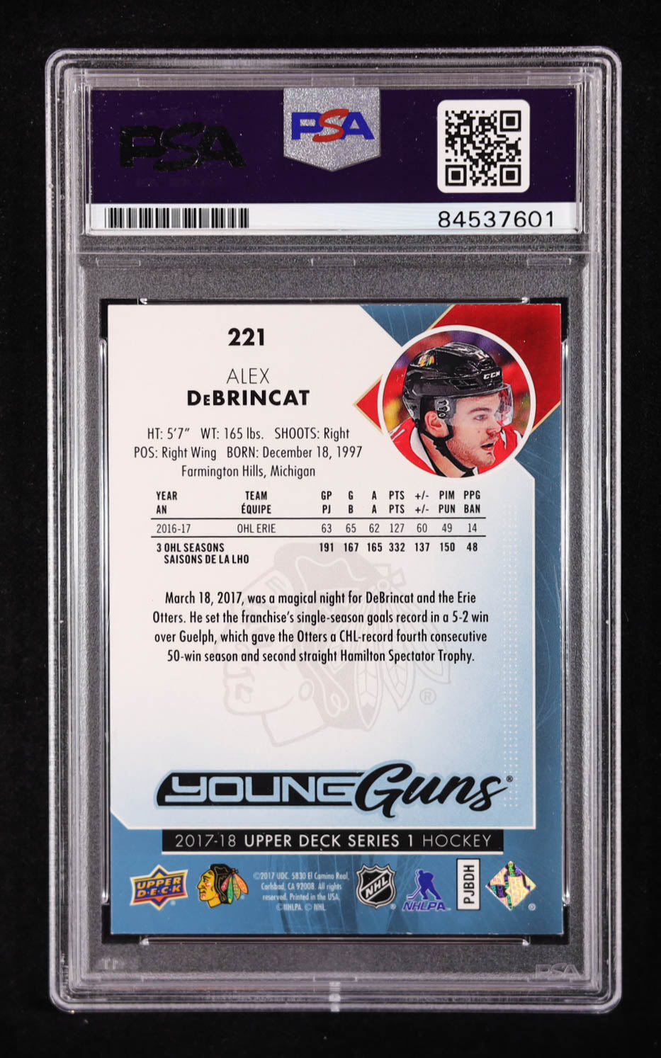 Alex DeBrincat Signed 2017-18 Upper Deck #221 YG RC (PSA 9) Rookie Card - Young Guns