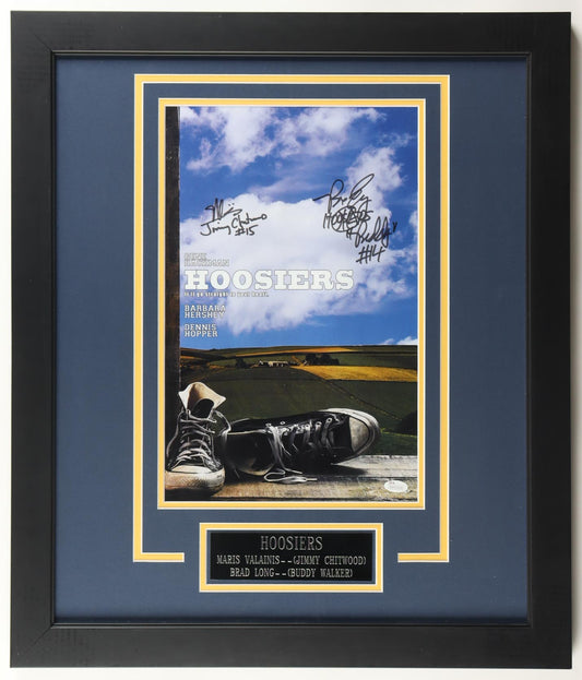 Maris Valainis & Brad Long Signed (JSA) "Hoosiers" Custom Framed Poster Print Display Inscribed 'Hoosiers", "Buddy" & "Jimmy Chitwood" - JSA Witnessed