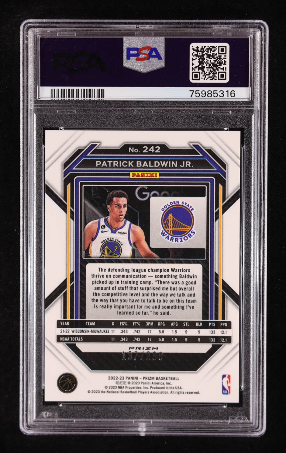Patrick Baldwin Jr Signed 2022-23 Panini Prizm Prizms Red #242 #137/299 RC (PSA 10) Rookie Card | Auto Graded PSA 10 | Serially Numbered # 137 / 299