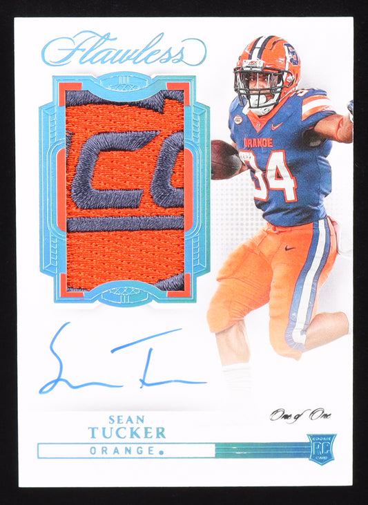 Sean Tucker 2023 Panini Flawless Collegiate Flawless Rookie Patch Autographs Vertical Platinum #145 RC #1/1 Rookie Card / Serially Numbered #1 / 1