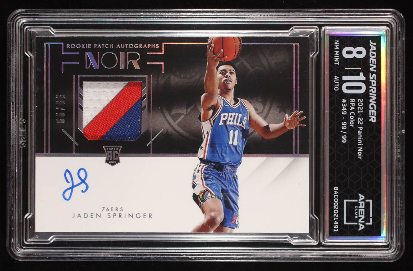 Jaden Springer Signed 2021-22 Panini Noir #349 #99/99 RC (Arena Club 8) Rookie Card | Serially Numbered # 99 / 99 | Auto Grade Arena Club 10