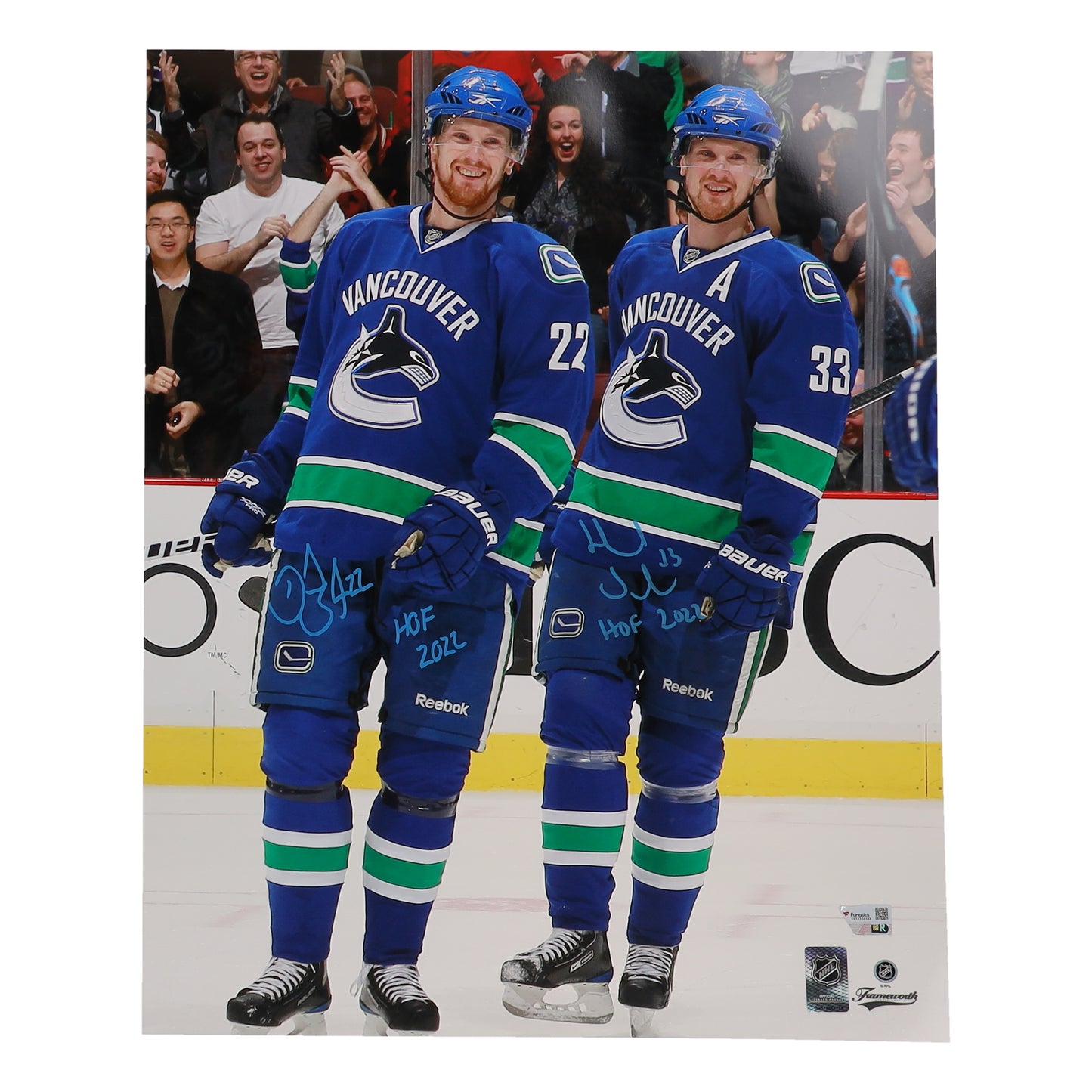Daniel Sedin & Henrik Sedin Signed (Fanatics) Canucks 16x20 Photo Inscribed "HOF 2022"