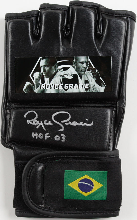 Royce Gracie Signed (Beckett) Custom Brazil MMA Fight Glove Inscribed "HOF 03"