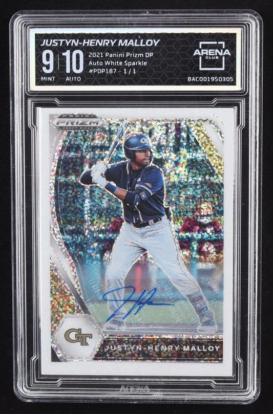 Justyn-Henry Malloy 2021 Panini Prizm Draft Picks Autograph White Sparkle #PDP187 #1/1 (Arena Club 9 | Autograph Grade 10) Serially Numbered #1 / 1 | Autograph Grade 10