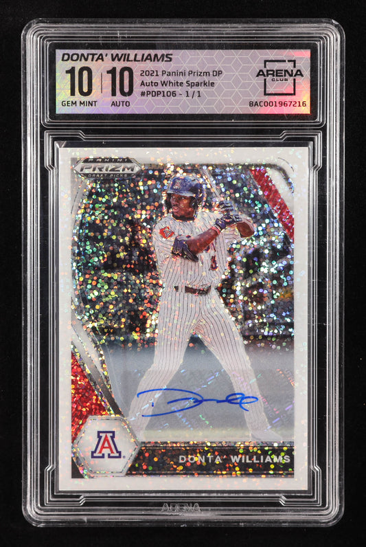 Donta' Williams Signed 2021 Panini Prizm Draft Picks Base Autographs Prizms White Sparkle #106 RC #1/1 (Arena Club 10 | Auto 10) Rookie Card | Serially Numbered #1 / 1 | Autograph Graded 10