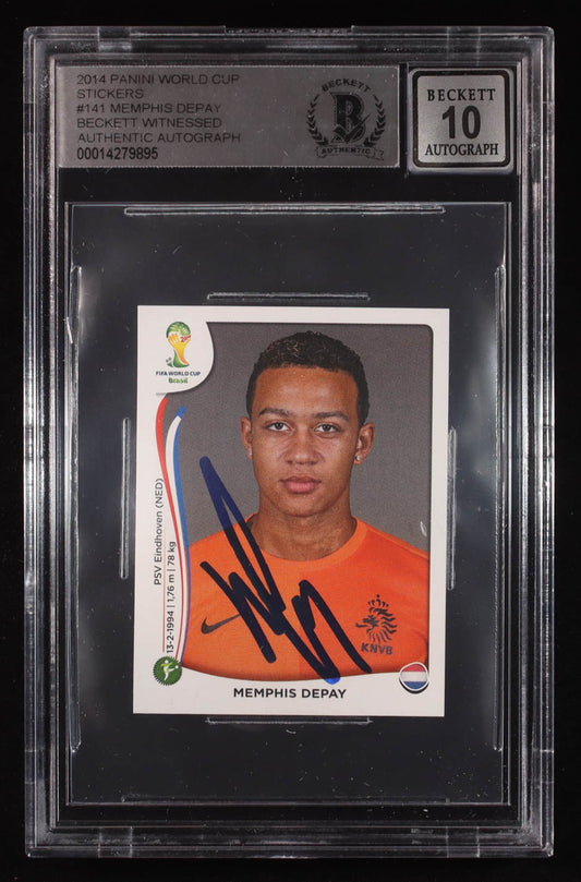 Memphis Depay Signed 2014 Panini World Cup Stickers #141 RC (BGS | Auto 10) Beckett Witnessed - Rookie Card