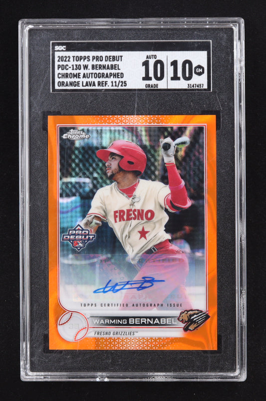 Warming Bernabel 2022 Topps Pro Debut Chrome Autographs Orange Lava Refractors #PDC130 #11/25 RC (SGC 10 | Auto 10) Rookie Card | Serially Numbered # 11 / 25