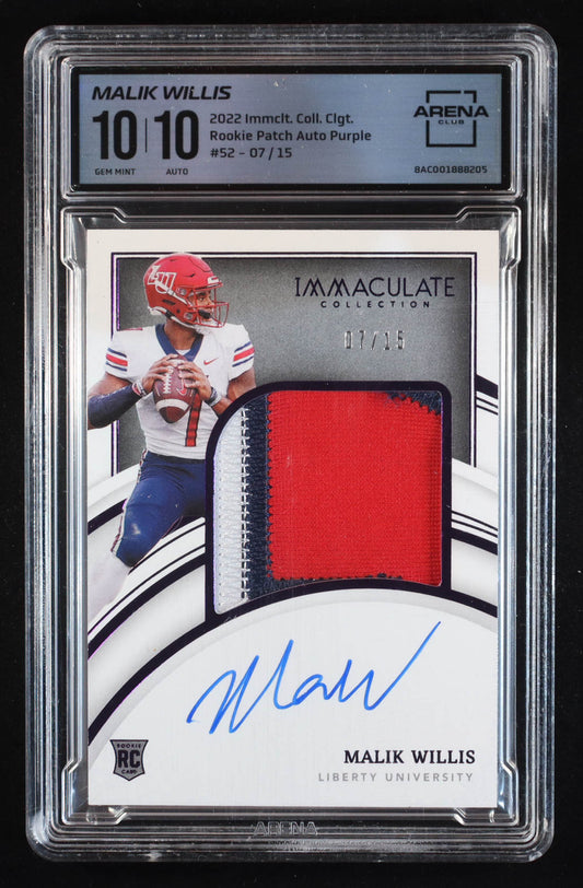 Malik Willis 2022 Immaculate Collection Collegiate #52 JSY AU #07/15 RC (Arena Club 10 | Autograph Grade 10) Rookie Card | Serially Numbered #07 / 15
