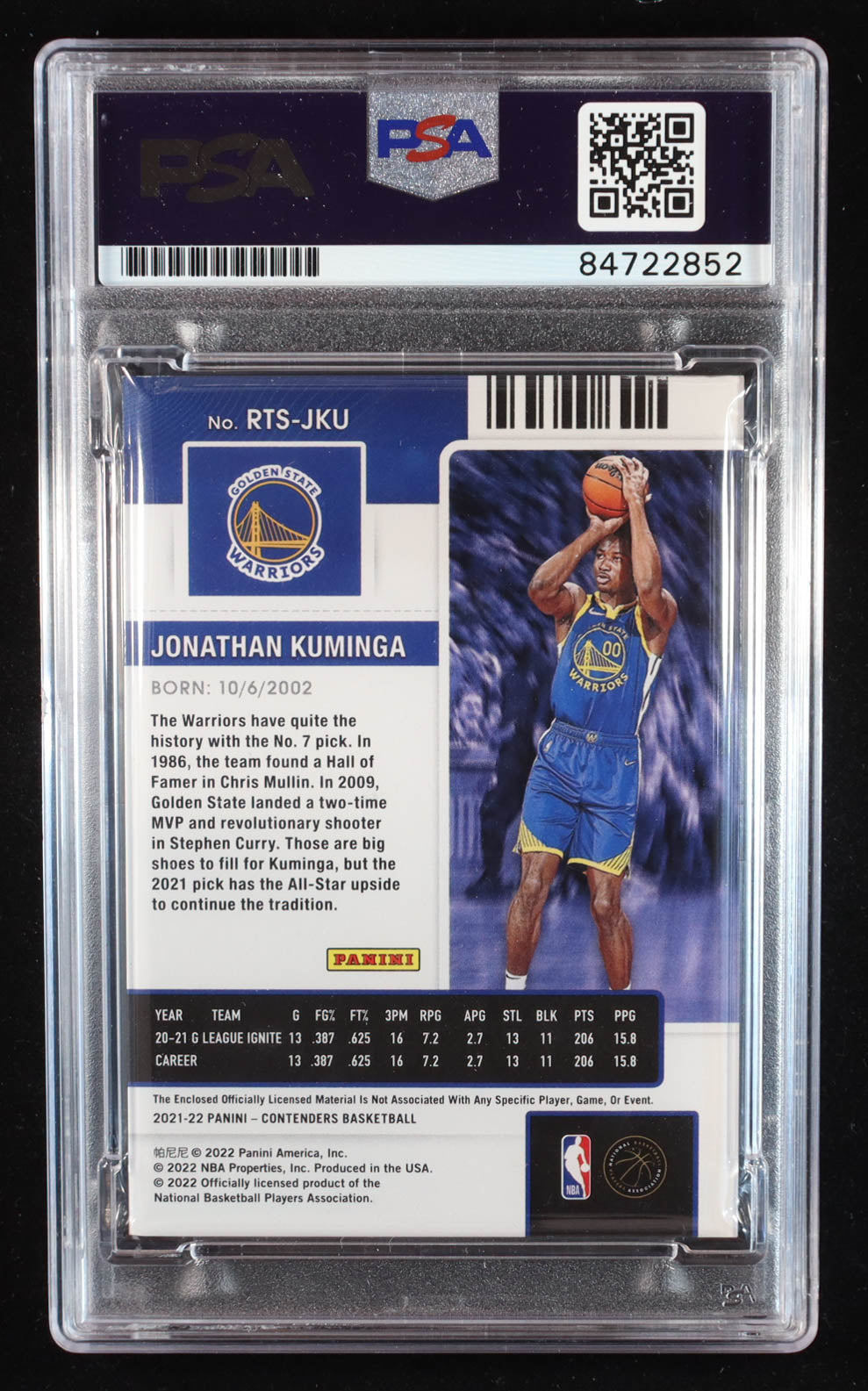 Jonathan Kuminga Signed 2021-22 Panini Contenders Rookie Ticket Swatches #7 RC (PSA | Auto Grade PSA 10) Rookie Card | Autograph Graded PSA 10