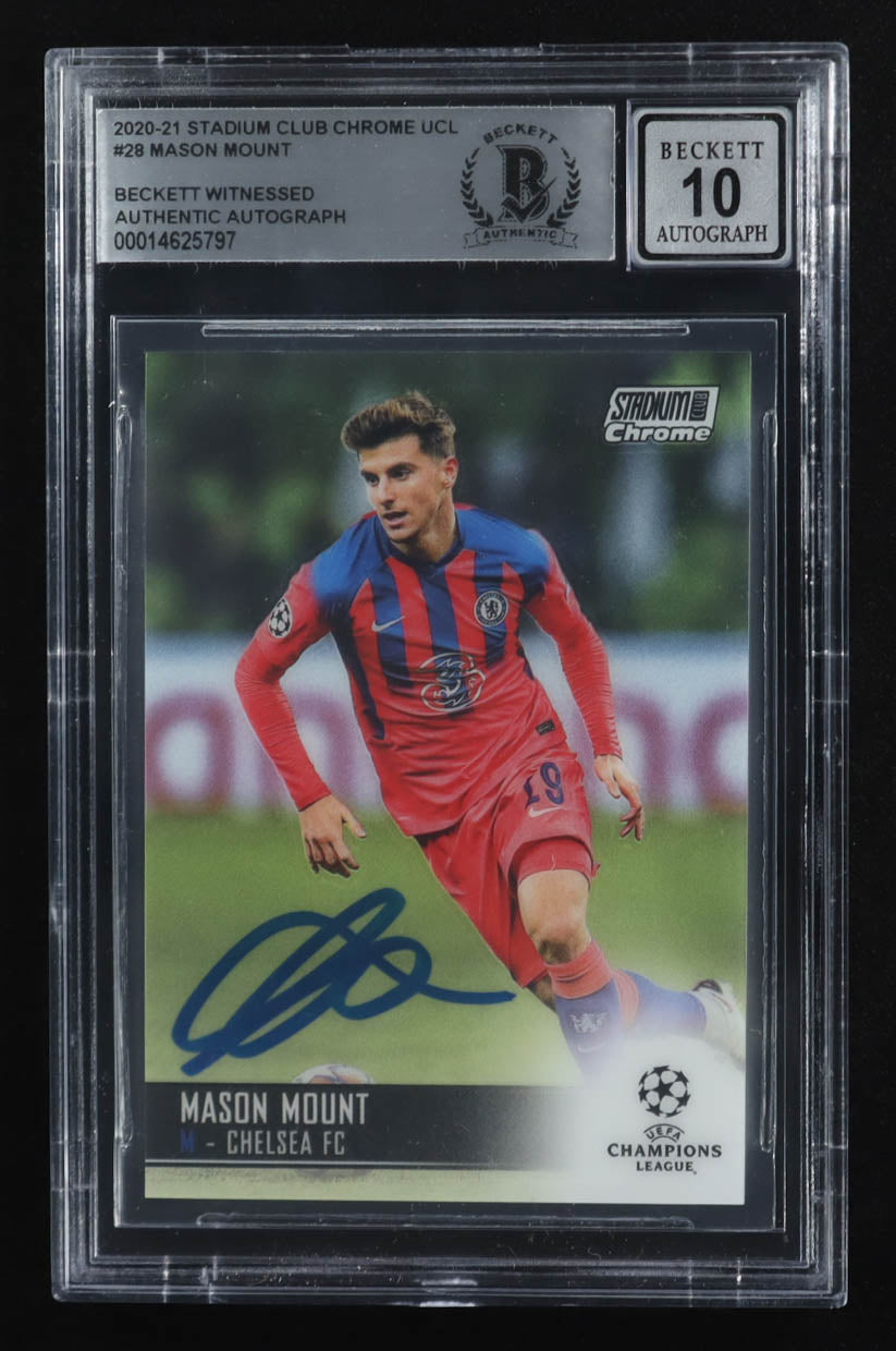 Mason Mount Signed 2020-21 Stadium Club Chrome UEFA Champions League #28 (Beckett | Auto Grade 10) Beckett Witnessed