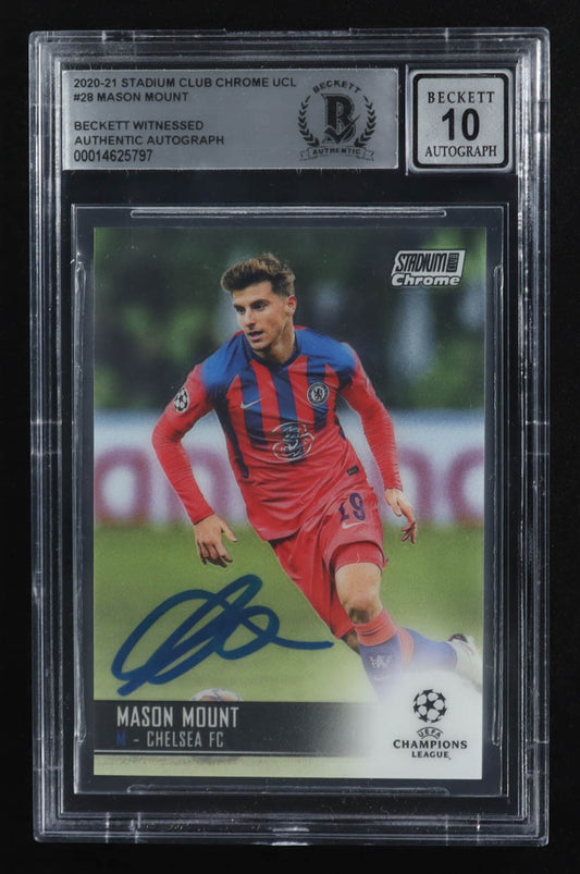 Mason Mount Signed 2020-21 Stadium Club Chrome UEFA Champions League #28 (Beckett | Auto Grade 10) Beckett Witnessed