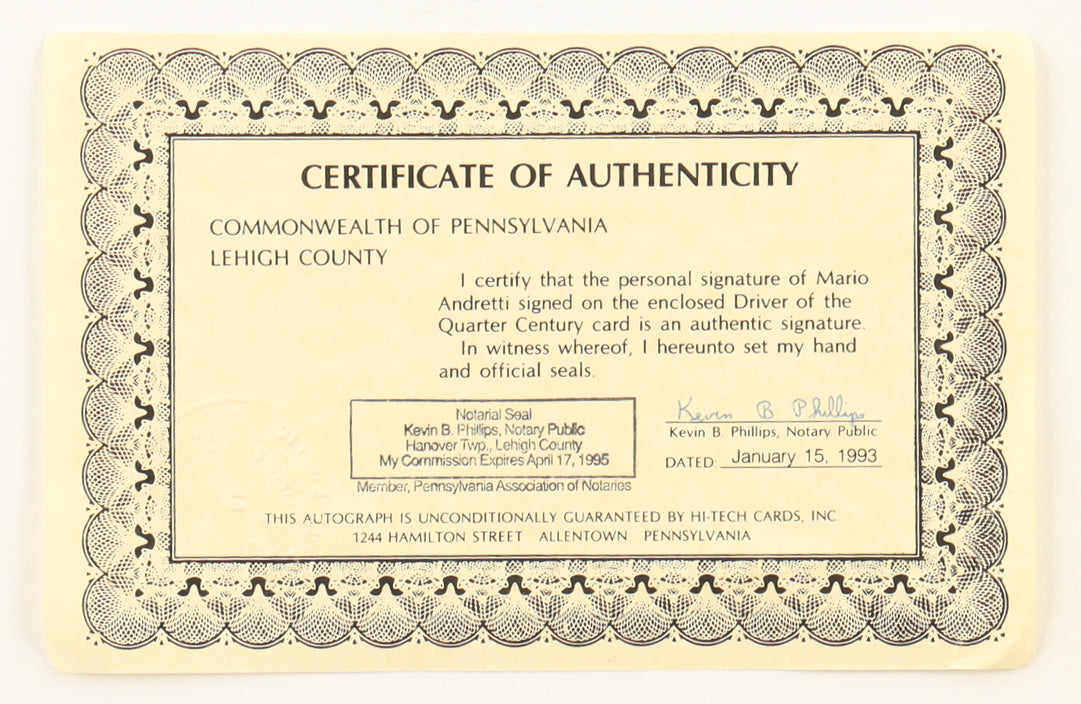 Mario Andretti Signed LE Hi-Tech Driver of the Quarter Century #52 With Display Tin & (52) Card Set (Beckett)