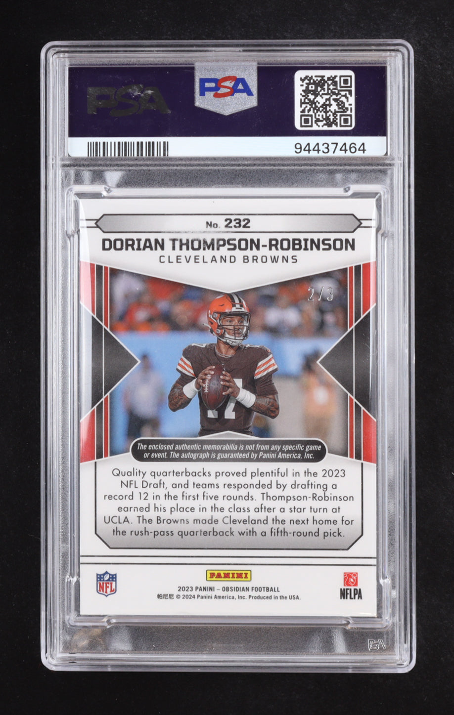 Dorian Thompson-Robinson 2023 Panini Obsidian Rookie Jersey Autographs Electric Etch Deep Sea Flood #232 Jersey Autograph #2/3 (PSA 8) Rookie Card / Serially Numbered #2 / 3