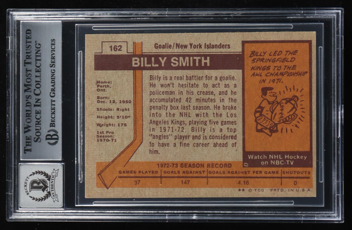 Billy Smith Signed 1973-74 Topps #162 RC (BGS | Autograph Graded 10) - Rookie Card