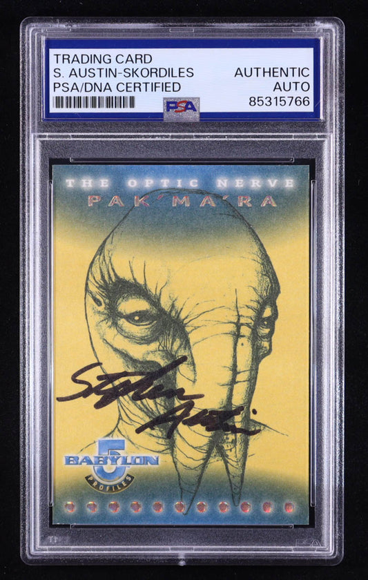 Stephen Austin-Skordiles Signed Pak'ma'ra 1999 SkyBox Babylon 5 Profiles Optic Nerve #ON5 (PSA) Autograph Graded PSA Authentic