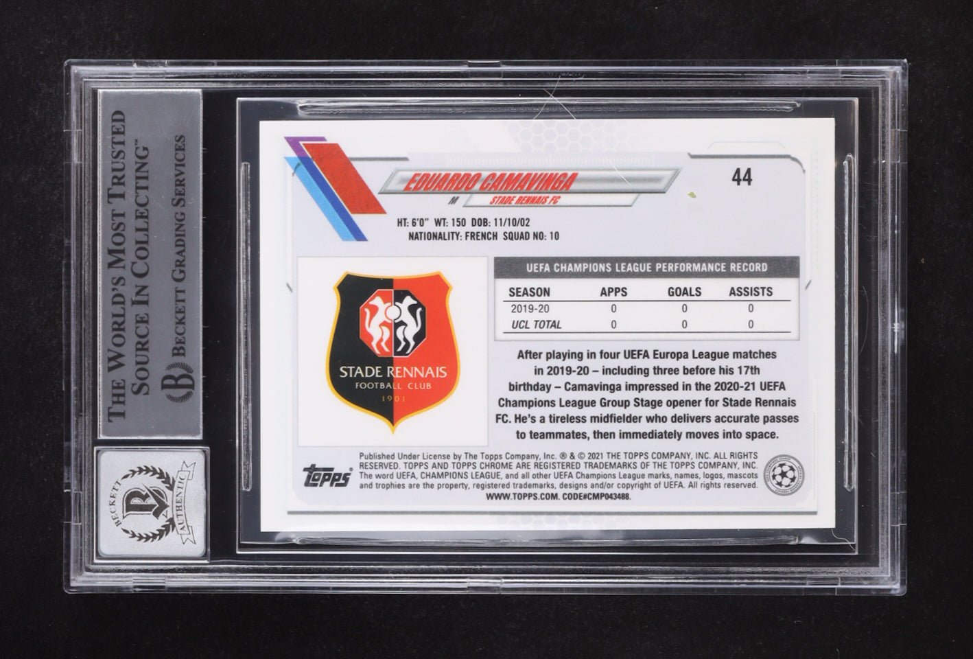 Eduardo Camavinga Signed 2020-21 Topps Chrome UEFA Champions League #44 RC (BGS | Auto 10) - Rookie Card