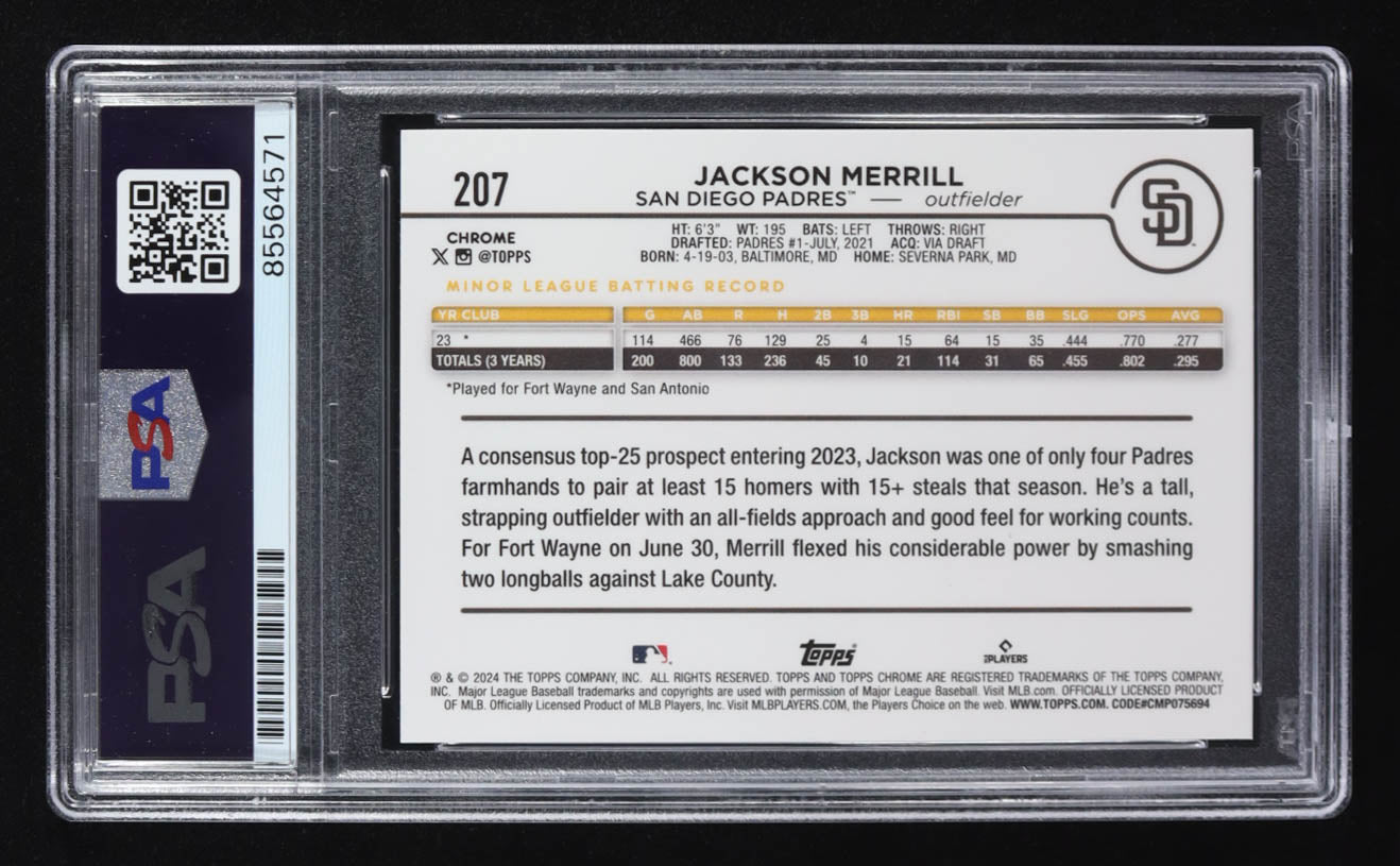 Jackson Merrill Signed 2024 Topps Chrome #207 RC (PSA | Autograph Graded PSA 10) Rookie Card | Autograph Graded PSA 10