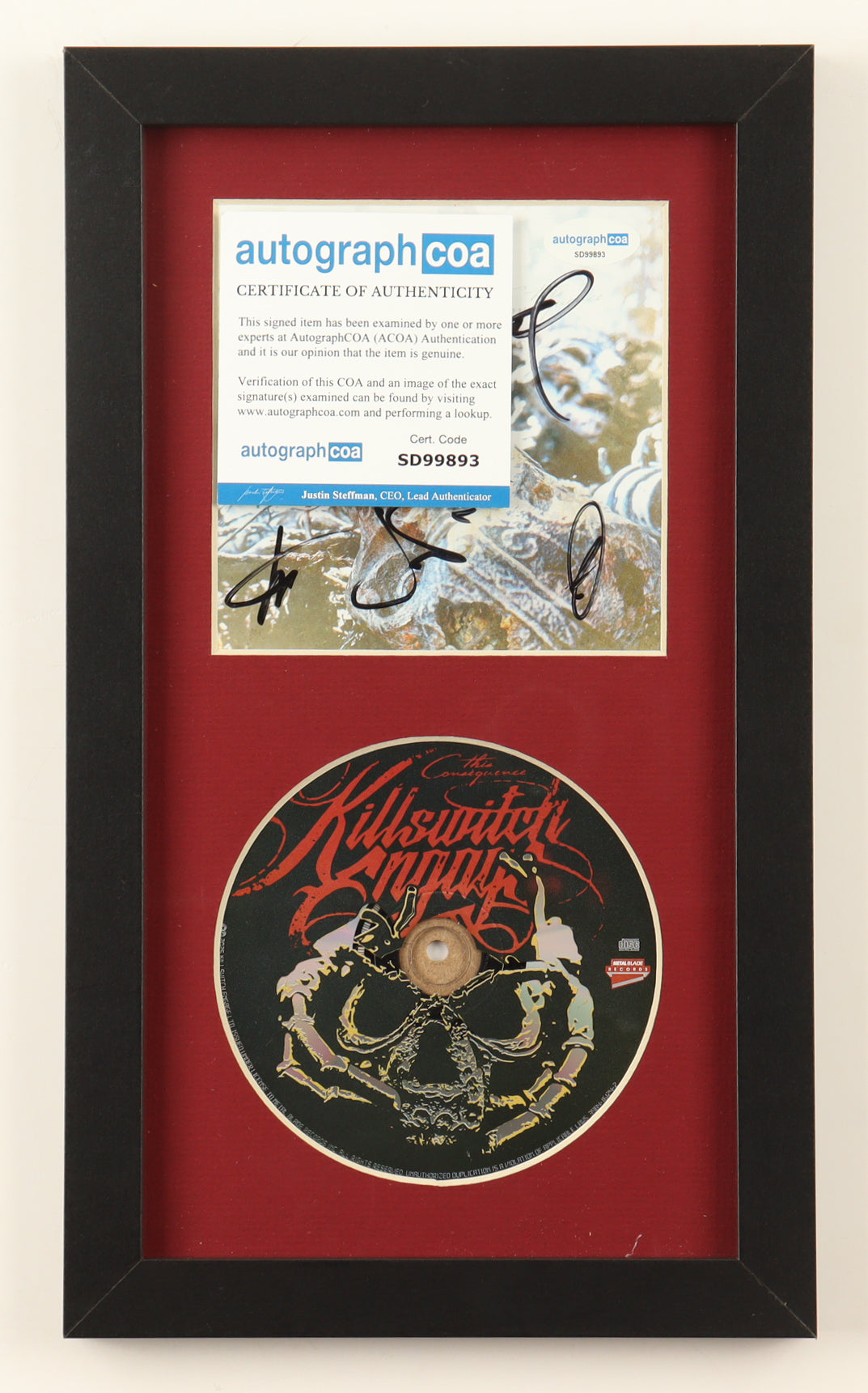 "This Consequence" Custom Framed CD Insert Display Band-Signed (ACOA) By (5) with Jese Leach, Joel Stroetzel, Justin Foley, & Mike D'Antonio - Killswitch Engage