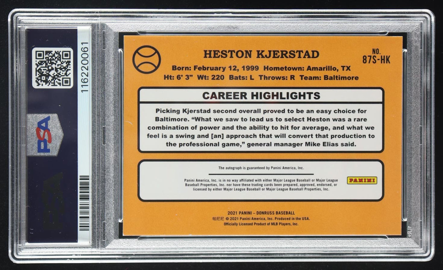 Heston Kjerstad 2021 Donruss Retro '87 Signatures Black #84 #1/1 (PSA | Auto 10) Rookie Card | Autograph Graded 10 | Serially Numbered #1/1