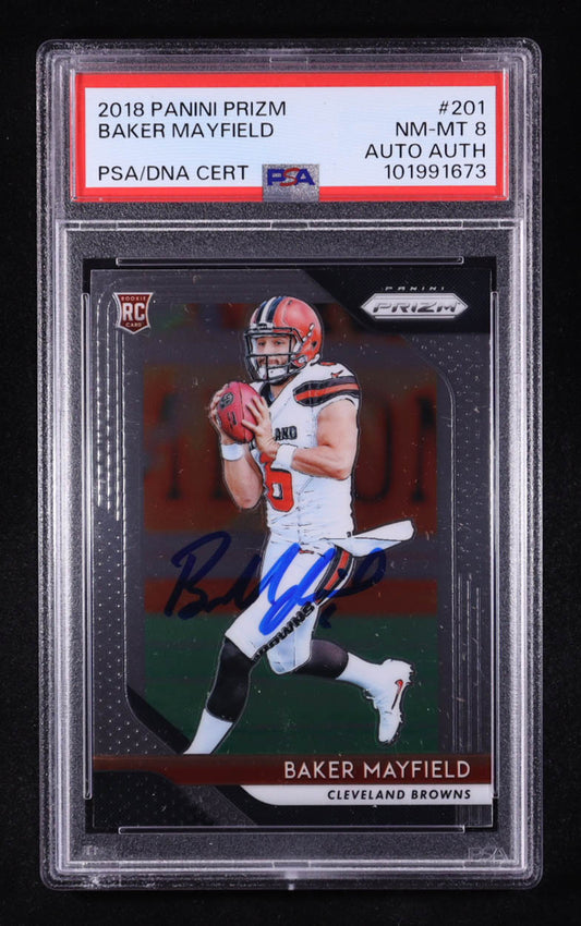 Baker Mayfield Signed 2018 Panini Prizm #201 RC (PSA 8) - Rookie Card