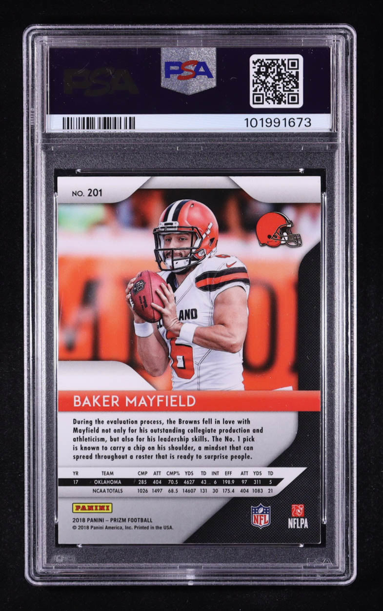 Baker Mayfield Signed 2018 Panini Prizm #201 RC (PSA 8) - Rookie Card