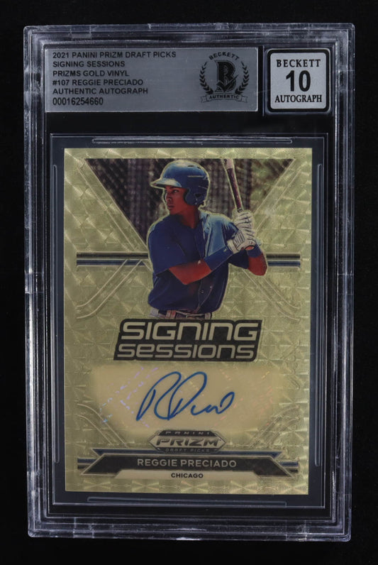 Reggie Preciado 2021 Panini Prizm Draft Picks Signing Sessions Prizms Gold Vinyl #107 RC #1/1 (Beckett Authentic | Auto Grade 10) Serially Numbered #1 / 1 | Rookie Card