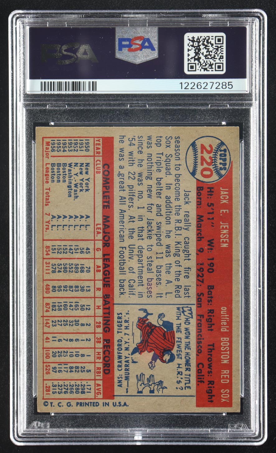 Jackie Jensen Signed 1957 Topps #220 (PSA Auto 8)