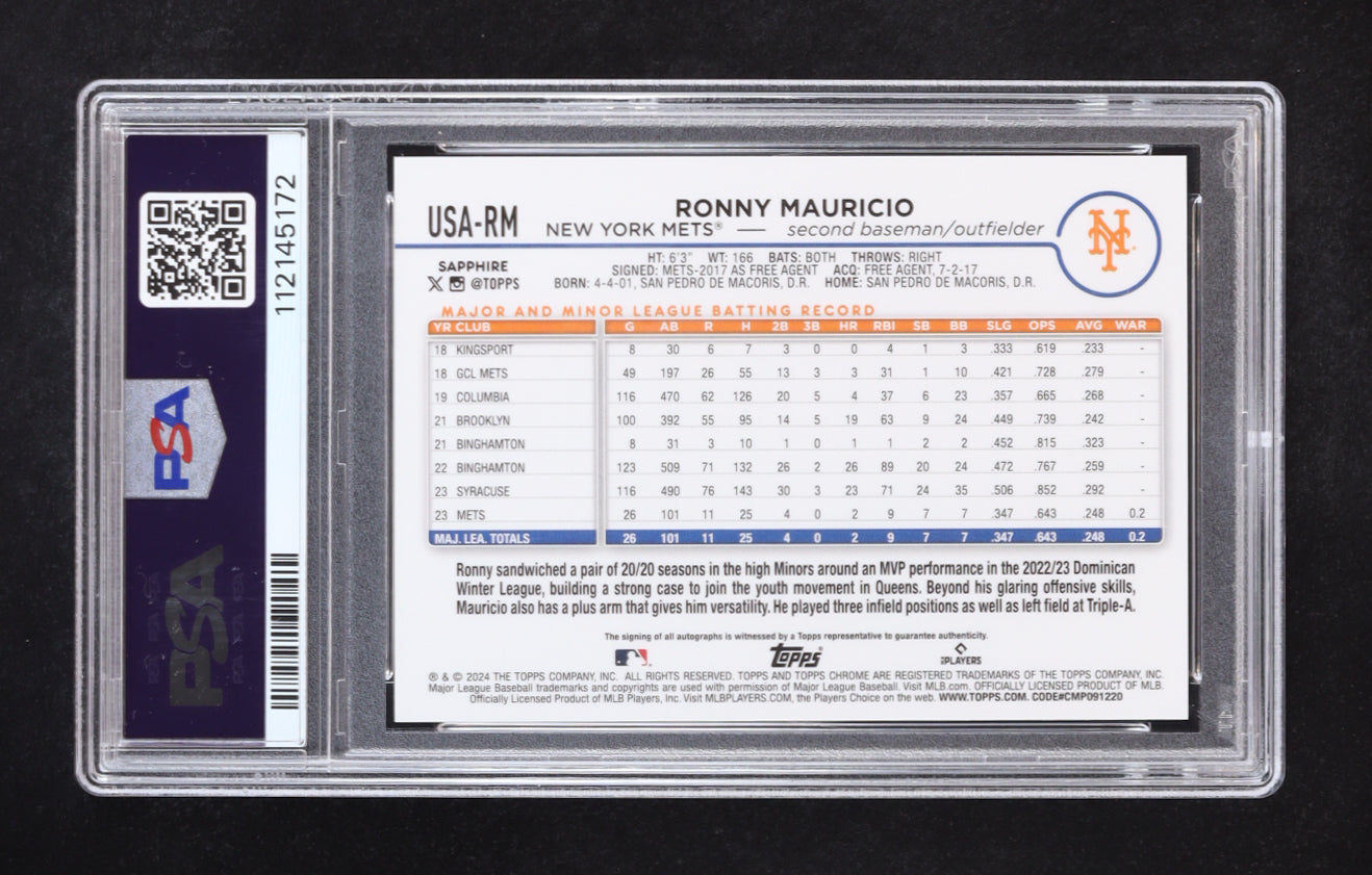 Ronny Mauricio 2024 Topps Chrome Sapphire Update Autograph #RM RC #147/199 RC (PSA 9) Rookie Card | Serially Numbered #147 / 199