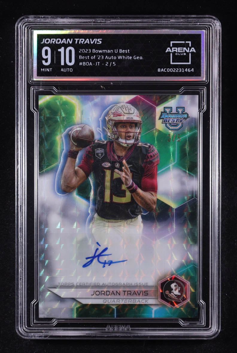 Jordan Travis 2023 Bowman's Best University Best of '23 Autographs White Geometric Refractors #BOAJT #2/5 RC (Arena 9 | Auto 10) Rookie Card | Serially Numbered #2 / 5