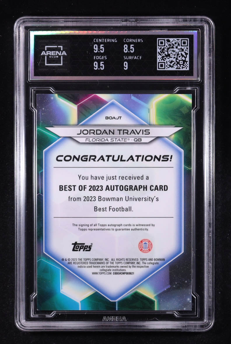 Jordan Travis 2023 Bowman's Best University Best of '23 Autographs White Geometric Refractors #BOAJT #2/5 RC (Arena 9 | Auto 10) Rookie Card | Serially Numbered #2 / 5