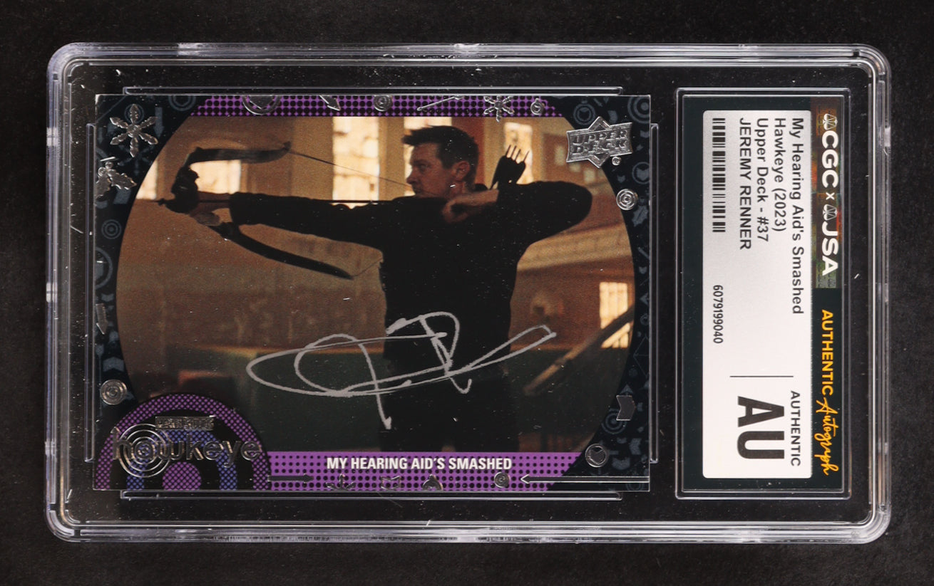 Jeremy Renner signed Hawkeye 2023 Upper Deck My Hearing Aids's Smashed #37 (CGC)