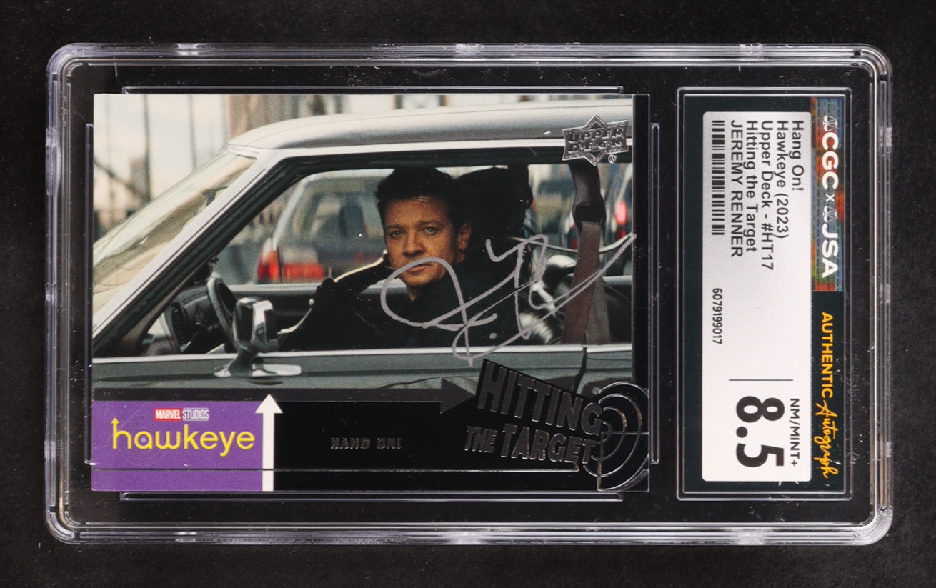 Jeremy Renner signed Hawkeye 2023 Upper Deck Hang On! Hitting the Target #HT-17 (CGC 8.5)