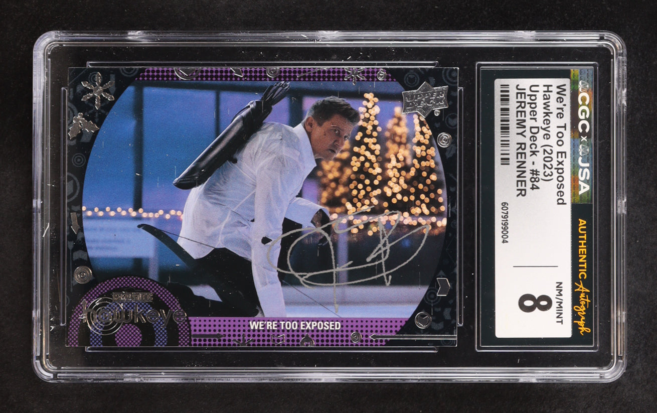 Jeremy Renner signed Hawkeye 2023 Upper Deck We're Too Exposed #84 (CGC 8)